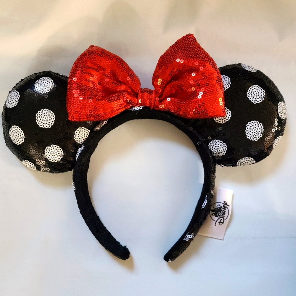 Disney Parks Sequined Minnie Mouse Ears Headband White Polka Dot Red Bow